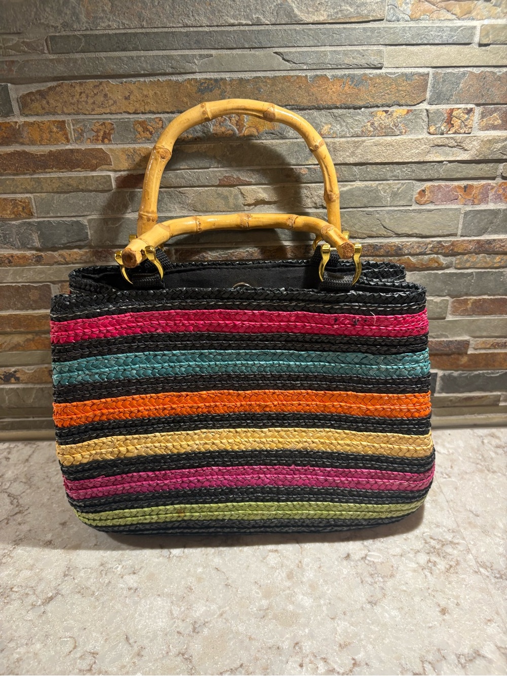 Woven Multicolor Stripe Women’s Tote with Bamboo Handles